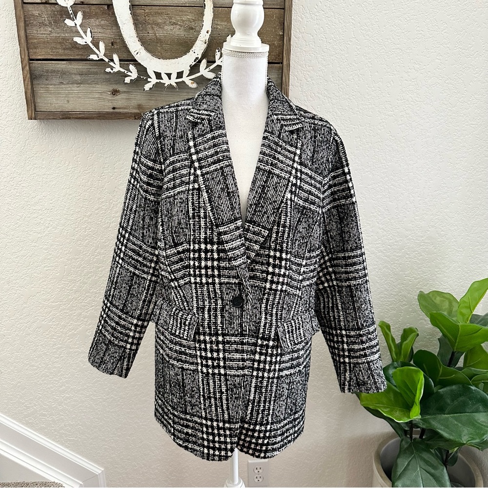 Loft Wool Blend Black Plaid Longline Tweed lined Blazer ladies 14 NWT